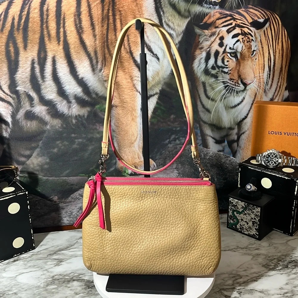 Coach  Tri Zip Leather Crossbody Camel/Pink Ruby GUC